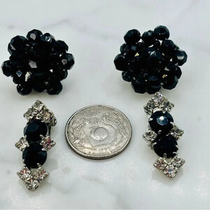 Vintage Clip On Earring Black and Rhinestone 2 Pair Faceted Cha Cha and …